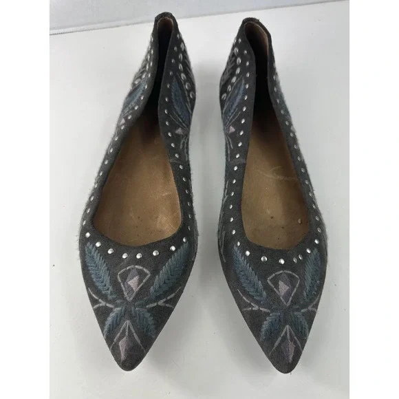 Frye Embroidered Studded Pointed Toe Slip On Ballet Flats Gray Suede 9M Size 9 - Picture 2 of 10